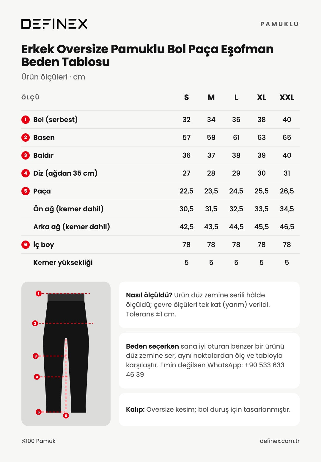 Erkek Oversize Pamuklu Bol Paça Eşofman beden tablosu: S, M, L, XL ve XXL ürün ölçüleri, santimetre