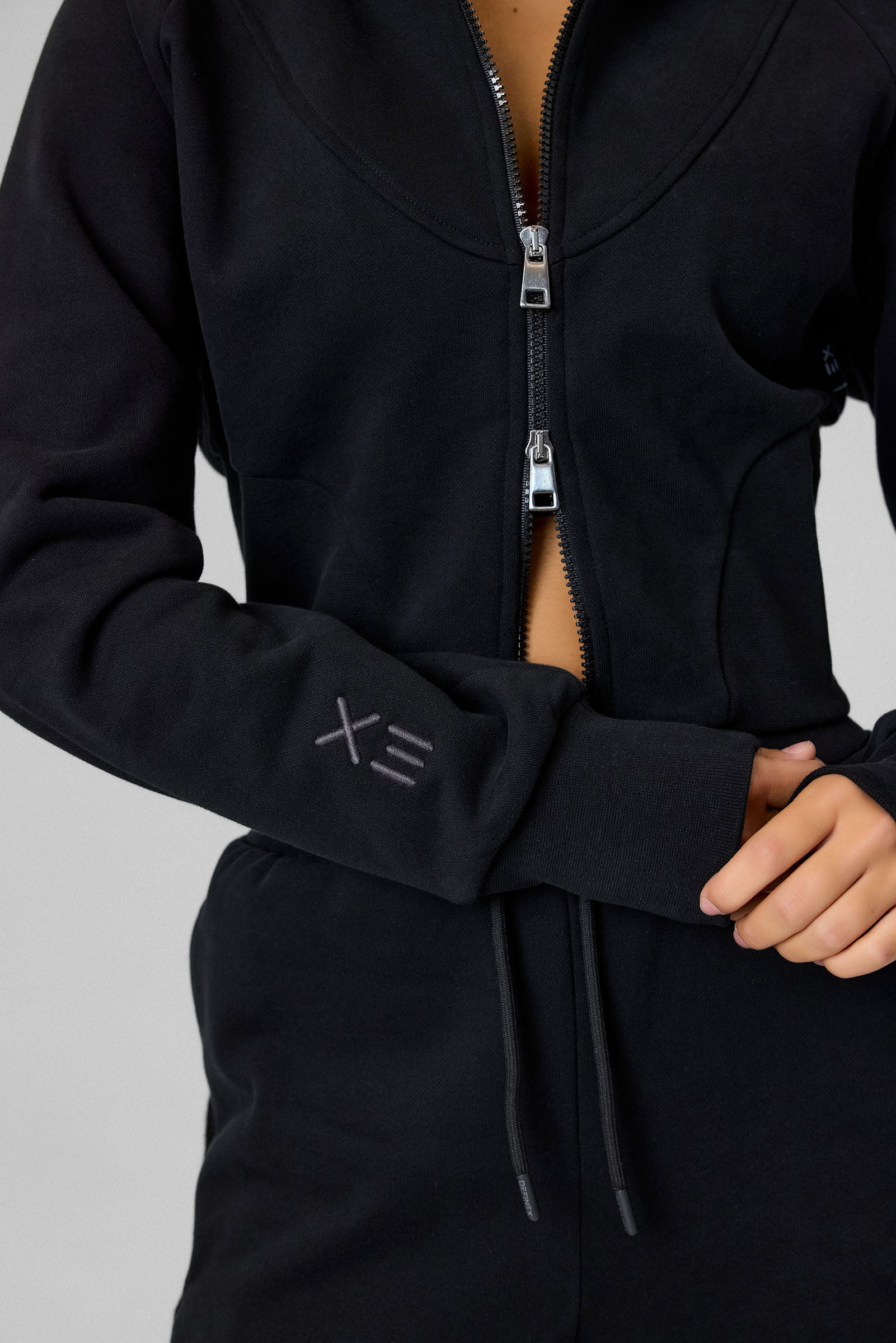 Definex Kadın Korse Fit Dual Zip Kapüşonlu Sweat — Siyah, detay 3