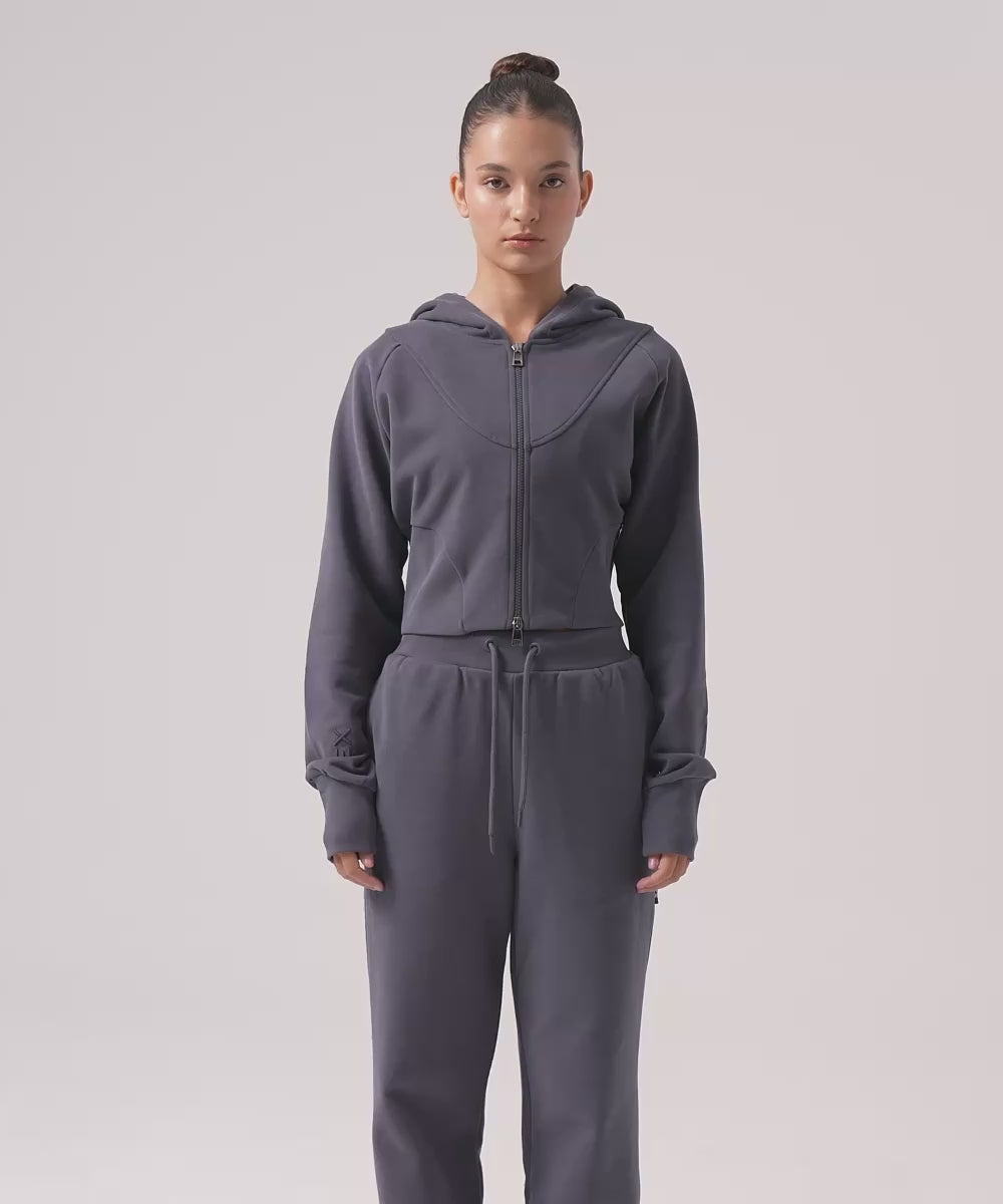 Definex Kadın Korse Fit Dual Zip Kapüşonlu Sweat — Antrasit, Video 1
