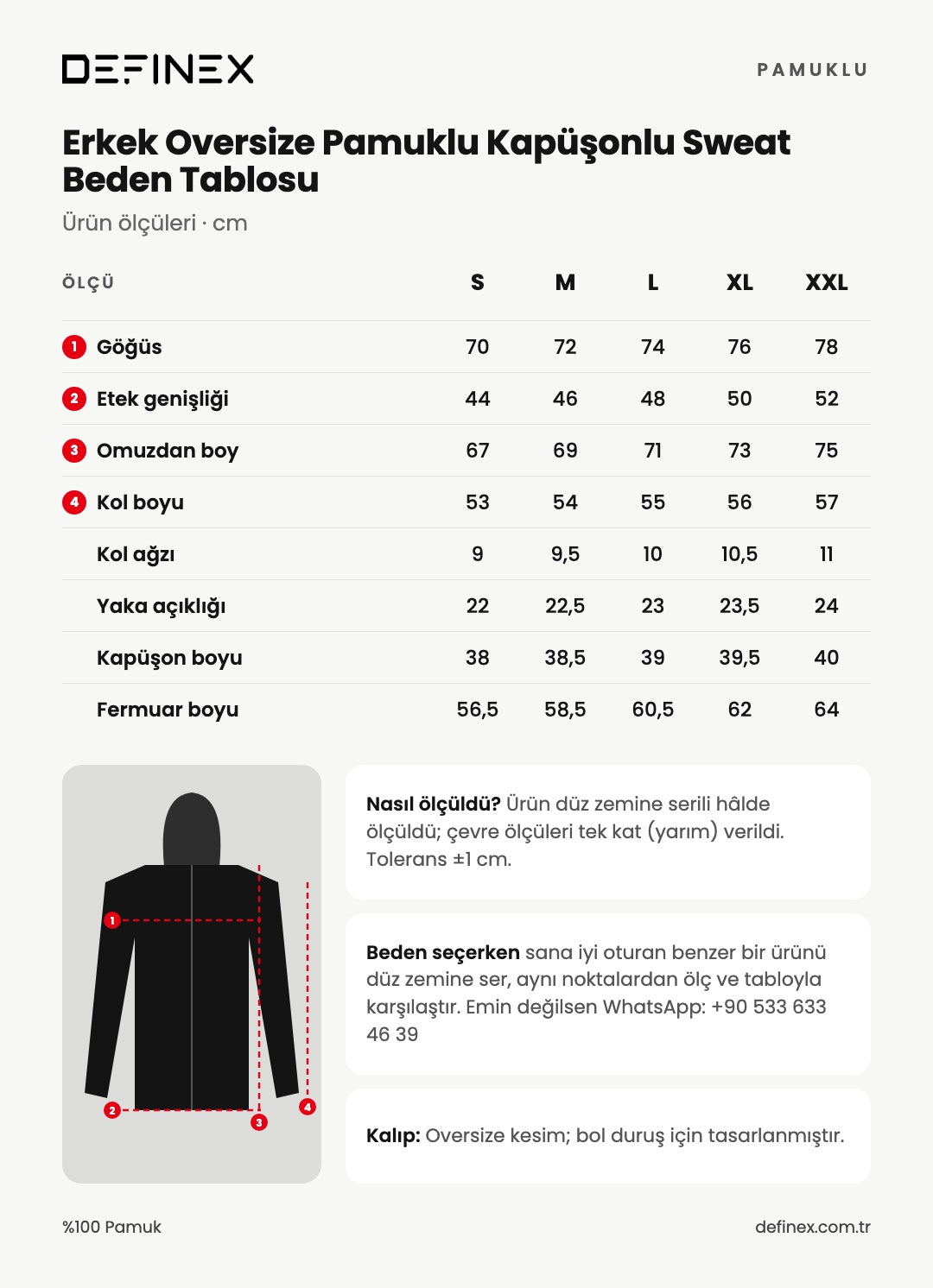 Erkek Oversize Pamuklu Kapüşonlu Sweat beden tablosu: ürün ölçüleri, santimetre