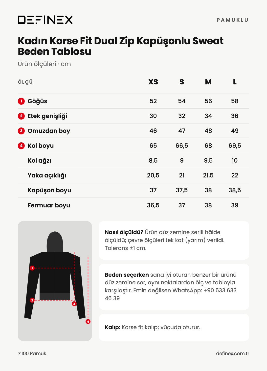 Kadın Korse Fit Dual Zip Kapüşonlu Sweat beden tablosu: ürün ölçüleri, santimetre