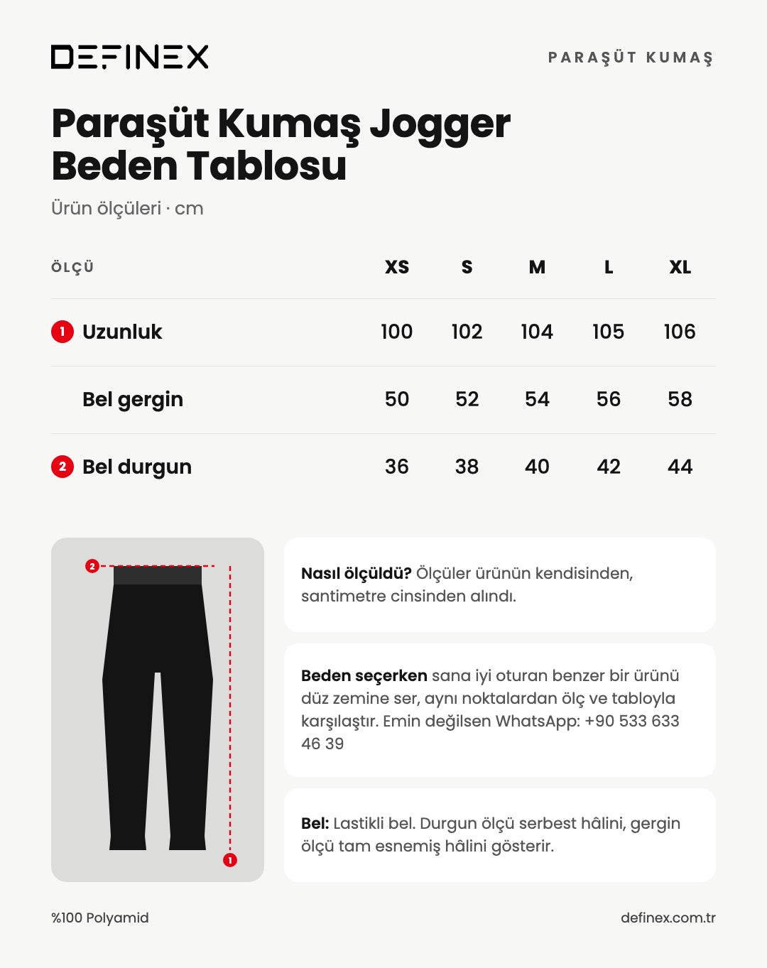 Paraşüt Kumaş Jogger beden tablosu: ürün ölçüleri, santimetre