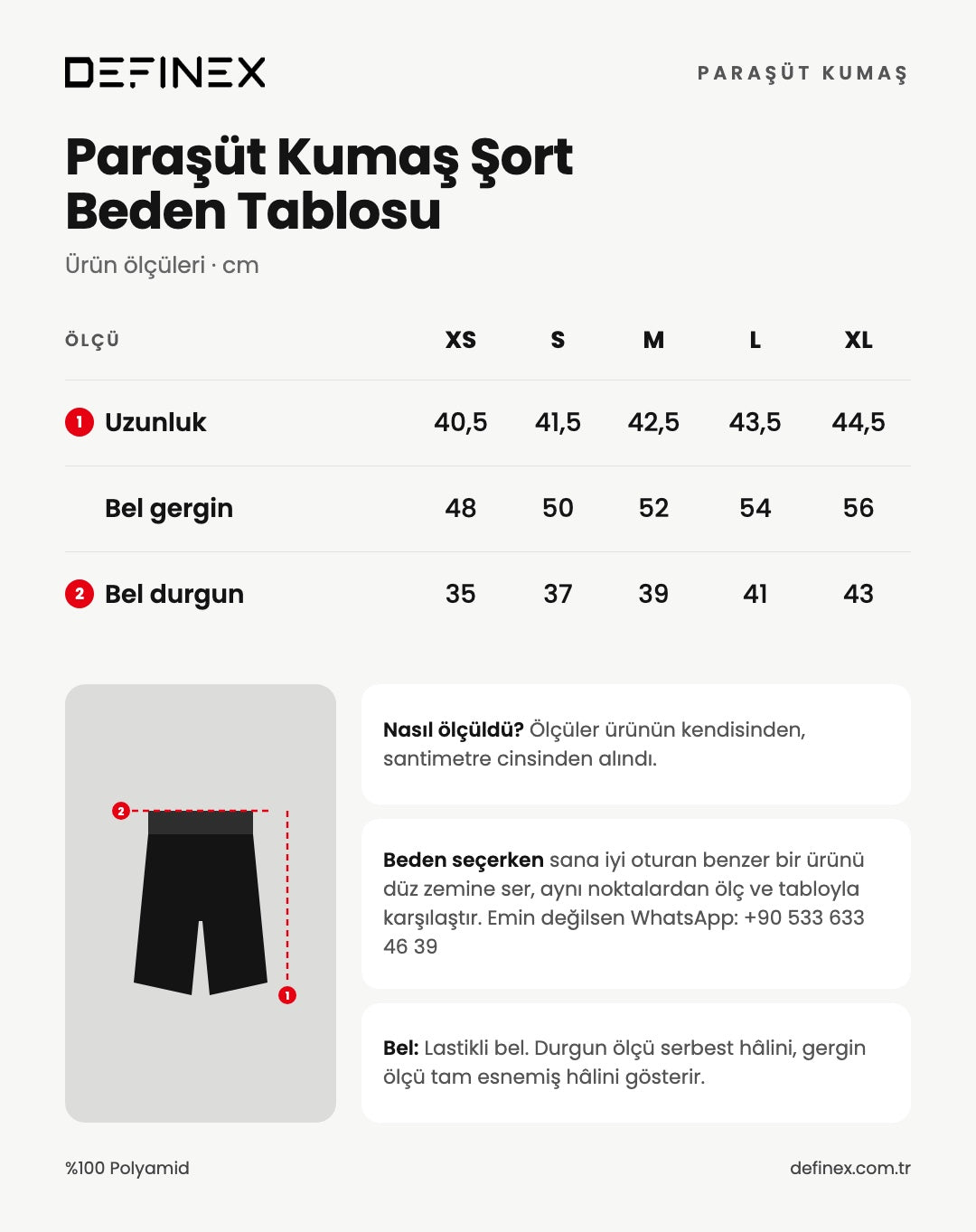 Paraşüt Kumaş Şort beden tablosu: ürün ölçüleri, santimetre