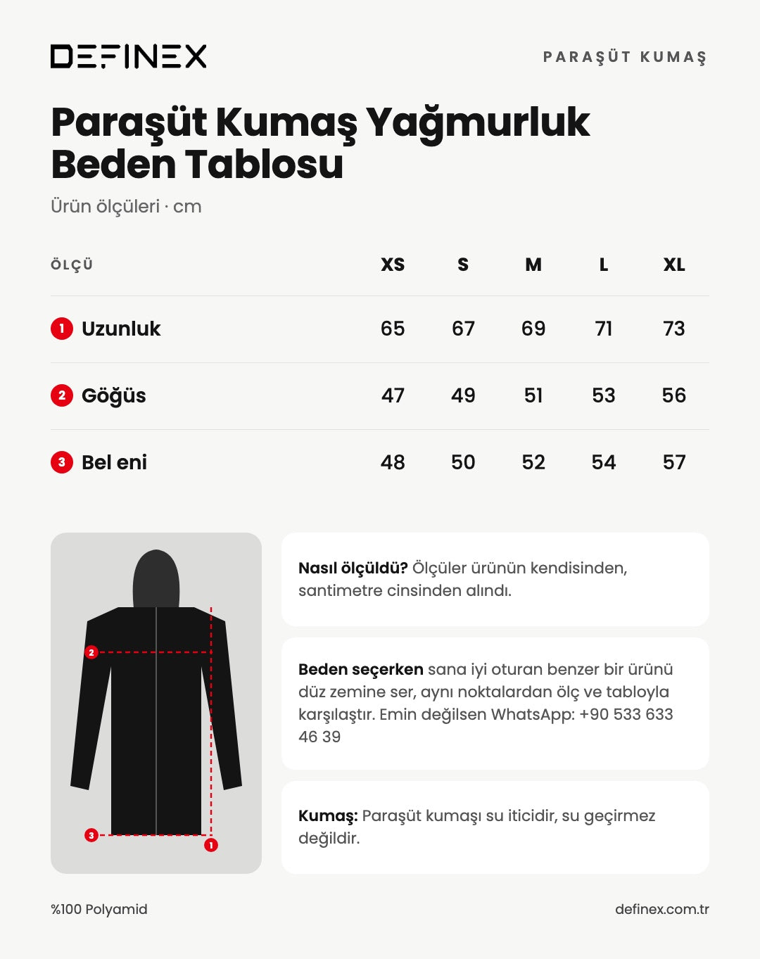 Paraşüt Kumaş Yağmurluk beden tablosu: ürün ölçüleri, santimetre