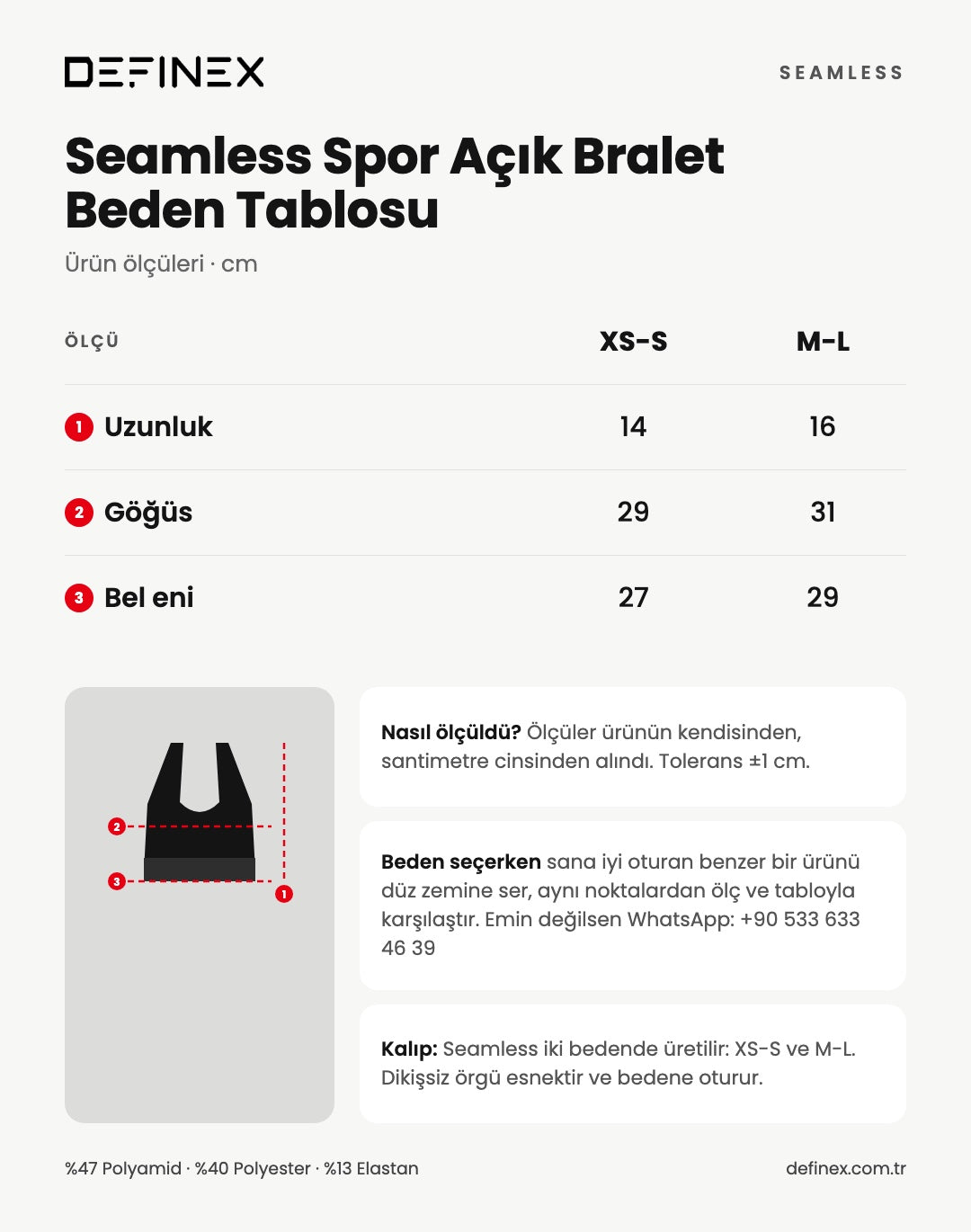 Seamless Spor Açık Bralet beden tablosu: ürün ölçüleri, santimetre