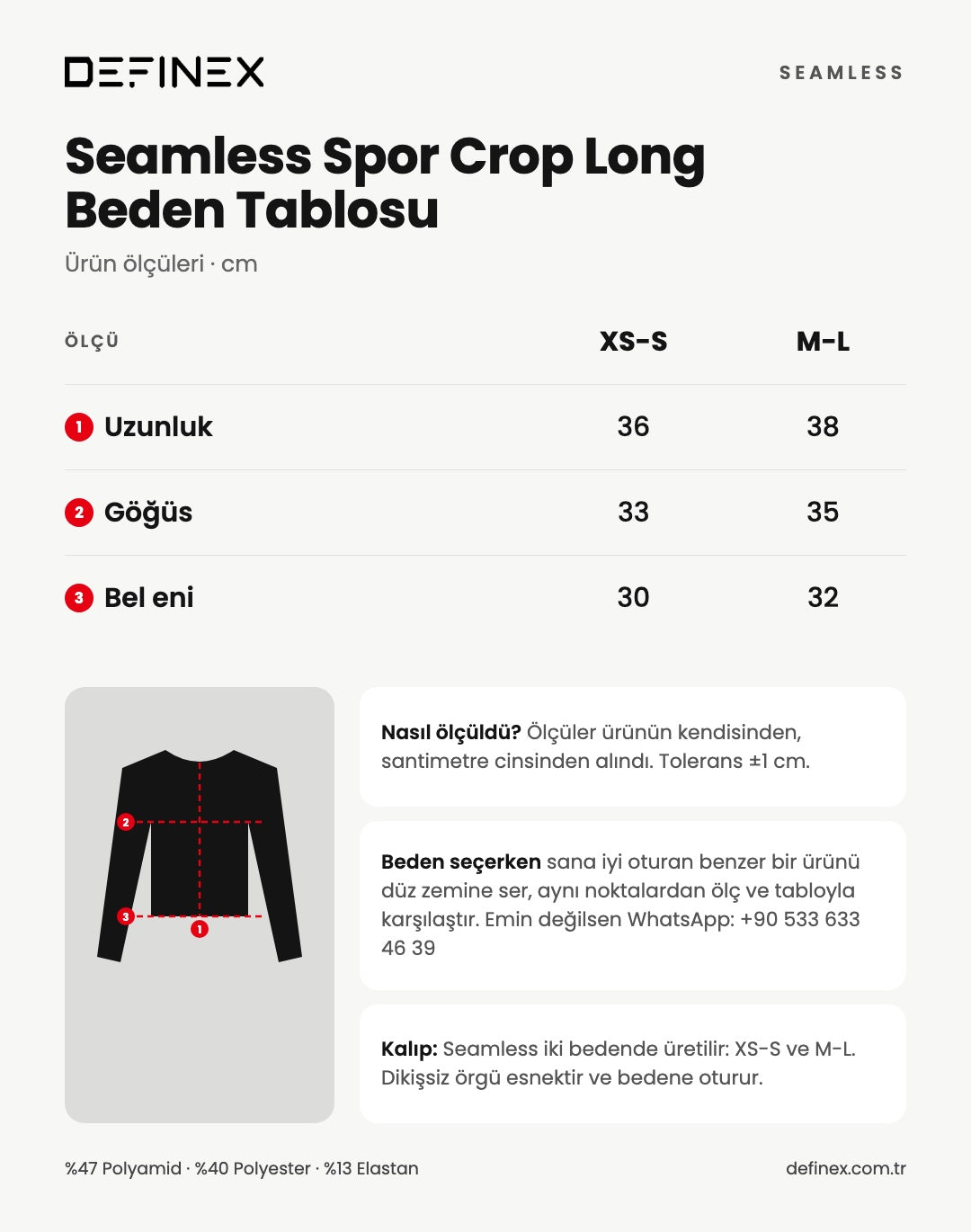 Seamless Spor Crop Long beden tablosu: ürün ölçüleri, santimetre
