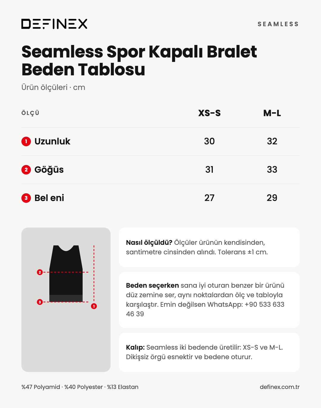 Seamless Spor Kapalı Bralet beden tablosu: ürün ölçüleri, santimetre