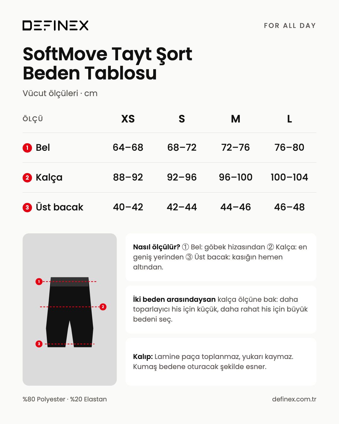 SoftMove Tayt Şort beden tablosu: XS, S, M ve L için bel, kalça ve üst bacak vücut ölçüleri